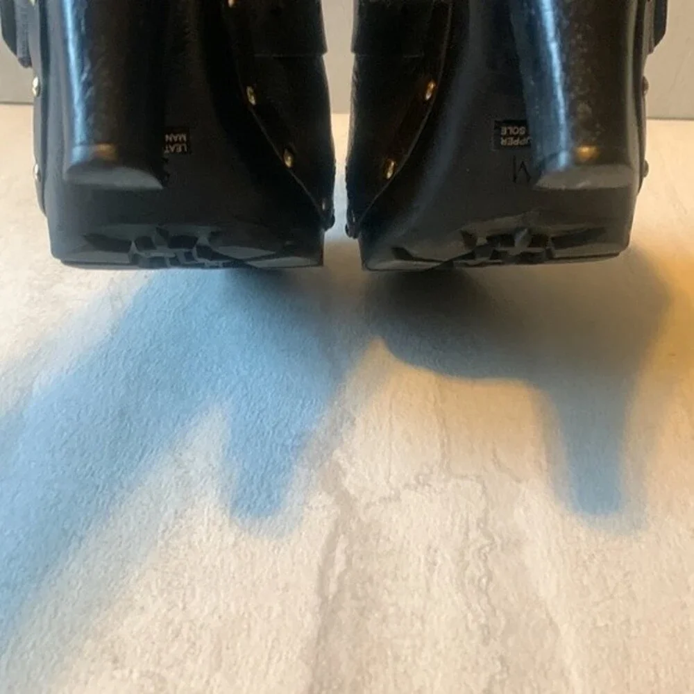 Michael Kors Studded Black Leather Wood Platform Clogs Size 9 Shearling Mules - Picture 10 of 12